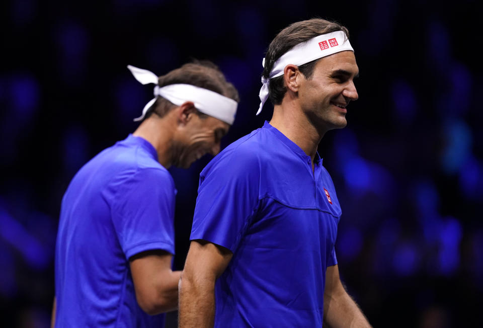 Team Europe's Roger Federer (right) and Rafael Nadal during their match against Team World's Jack Sock and Frances Tiafoe on day one of the Laver Cup at the O2 Arena, London. Picture date: Friday September 23, 2022. (Photo by John Walton/PA Images via Getty Images)