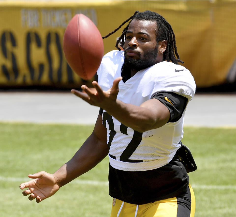 Pittsburgh Steelers running back Najee Harris warms up during an NFL football training camp Saturday, July 31, 2021, at Heinz Field in Pittsburgh. (Matt Freed/Pittsburgh Post-Gazette via AP)