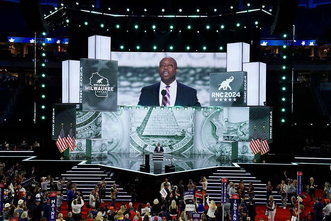 Sen. Tim Scott, R-S.C. speaks during the first day of the Republican National Convention. The RNC kicked off the first day of the convention with the roll call vote of the states.