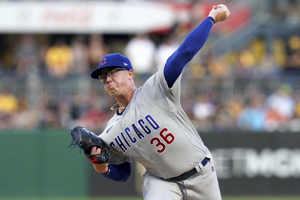 Chicago Cubs starting pitcher Jordan Wicks delivers against the Pittsburgh Pirates during the first inning of a baseball game in Pittsburgh, Saturday, Aug. 26, 2023. (AP Photo/Matt Freed)