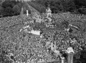 <p>Thousands of people gathered for miles outside of the palace to celebrate VE Day with the royal family. The monumental event marked the Allies's victory and the end of World War II.</p>