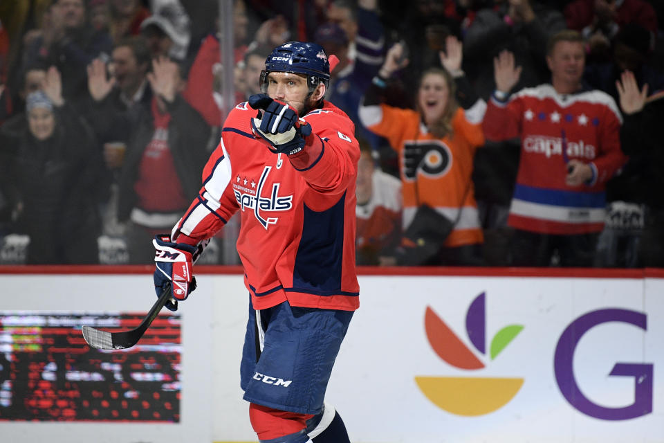 Washington Capitals left wing Alex Ovechkin (8), of Russia, celebrates his goal during the second period of an NHL hockey game against the Anaheim Ducks, Monday, Nov. 18, 2019, in Washington. (AP Photo/Nick Wass)