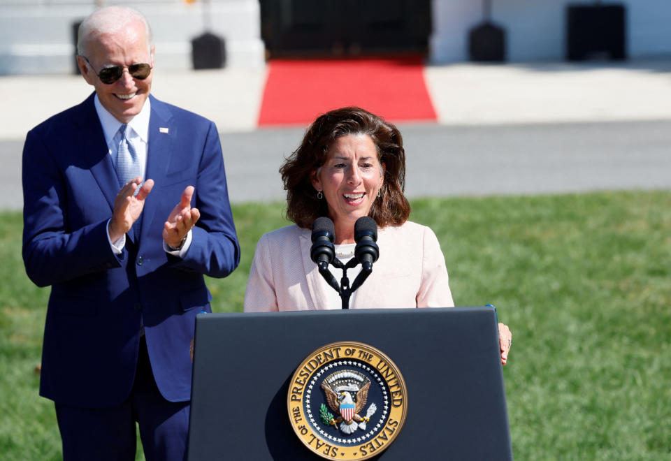 U.S. Commerce Secretary Gina Raimondo delivers remarks during a signing event for the CHIPS and Science Act of 2022, on the South Lawn of the White House in Washington, U.S., August 9, 2022. REUTERS/Evelyn Hockstein