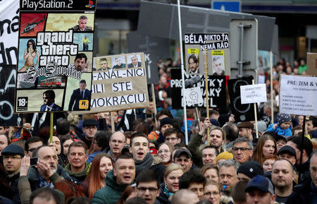 Demonstrators attend a protest rally in reaction to the murder of Slovak investigative reporter Jan Kuciak and his fiancee Martina Kusnirova, in Bratislava, Slovakia, March 16, 2018. REUTERS/David W. Cerny