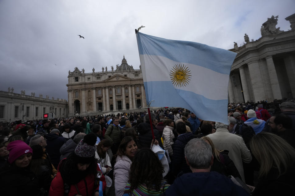 Pilgrims from Argentina crowd St Peter's Square at The Vatican waiting for Pope Francis to appear at his studio's window for the traditional Sunday's noon blessing after he made a new Argentine Saint, María Antonia de Paz y Figueroa also known as "Mama Antula" in St. Peter's Basilica at The Vatican, Sunday, Feb. 11, 2024. (AP Photo/Alessandra Tarantino)