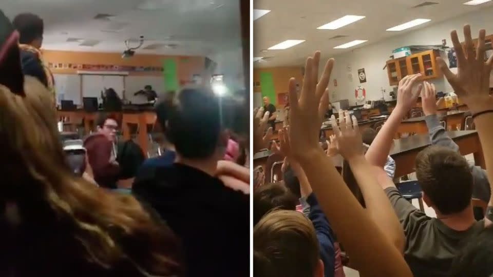 Trembling students raise their hands above their heads as SWAT officers storm the classroom. Source: Twitter/Melody Ball