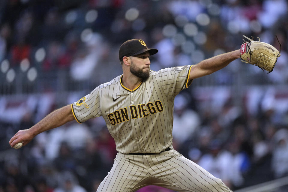 San Diego Padres starting pitcher Michael Wacha works in the first inning of the team's baseball against the Atlanta Braves, Saturday, April 8, 2023, in Atlanta. (AP Photo/John Bazemore)