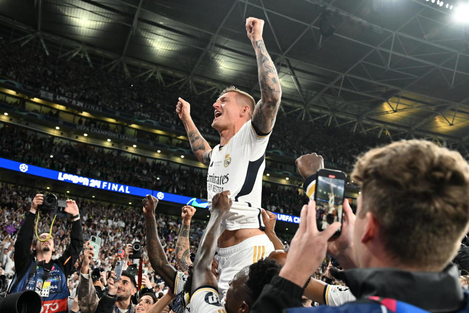 LONDON, UNITED KROOS - JUNE 1, 2024: Real Madrid's Toni Kroos celebrates the victory during the UEFA Champions League 2023/24 Final between Borussia Dortmund and Real Madrid CF at Wembley Stadium in London, United Kingdom on June 1, 2024. Real Madrid's German midfielder Toni Kroos retired after this summer's European Championship, known as UEFA EURO 2024. (Photo by Mustafa Yalcin/Anadolu via Getty Images)