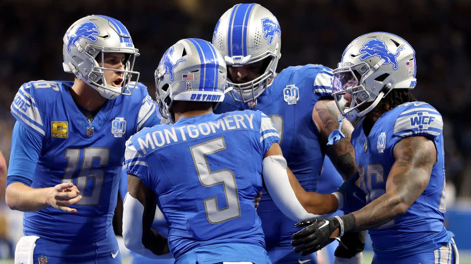 David Montgomery celebrates scoring the game-winning touchdown with less than 30 seconds left on the clock. - Gregory Shamus/Getty Images North America/Getty Images