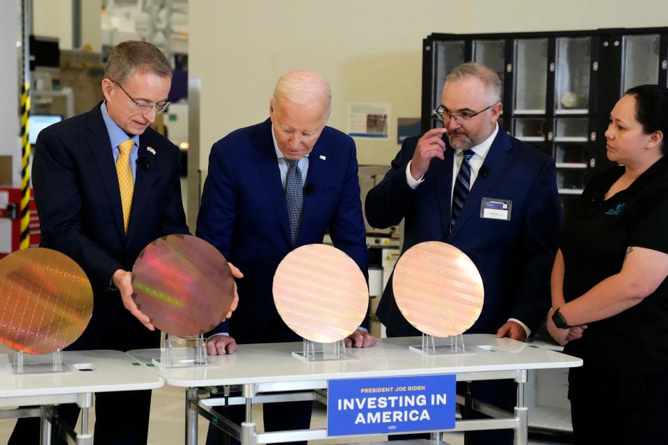 U.S. President Joe Biden announces a multi-billion dollar grant for CHIPS manufacturing while visiting Intel's manufacturing campus in Chandler on Mar 20, 2024.