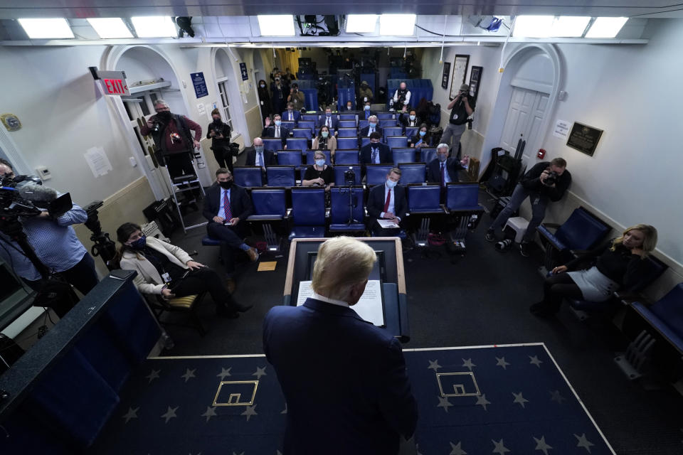 President Donald Trump leaves after speaking at the White House, Thursday, Nov. 5, 2020, in Washington. (AP Photo/Evan Vucci)