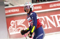 Italy's Marta Bassino reacts after completing an alpine ski, women's World Cup giant slalom, in Kranjska Gora, Slovenia, Sunday, Jan. 17, 2021. (AP Photo/Giovanni Auletta)
