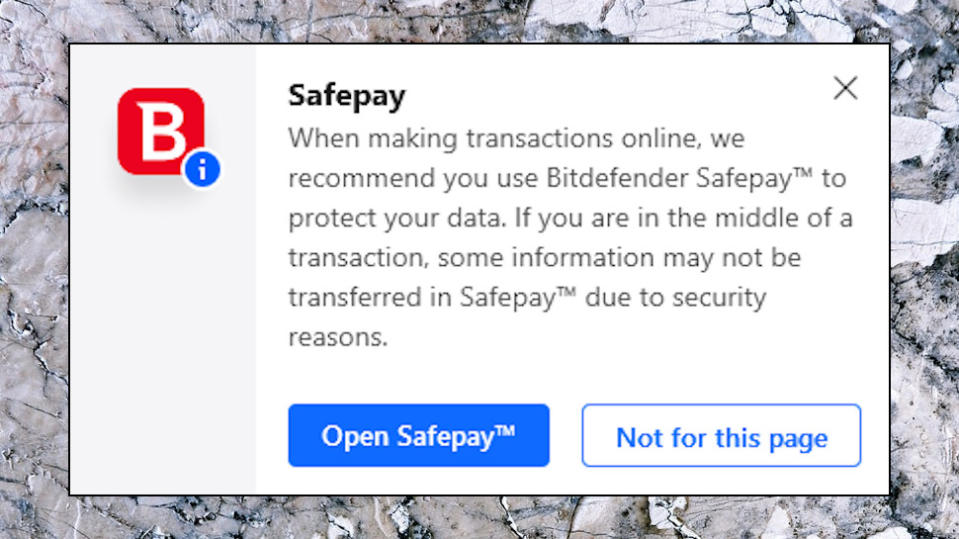 Bitdefender Internet Security Safepay alert