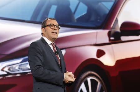 Denis Le Vot, senior vice president and chairman of the management committee for Nissan North America, speaks during the presentation of the 2019 Nissan Altima at the New York Auto Show in the Manhattan borough of New York City, New York, U.S., March 28, 2018. REUTERS/Brendan Mcdermid