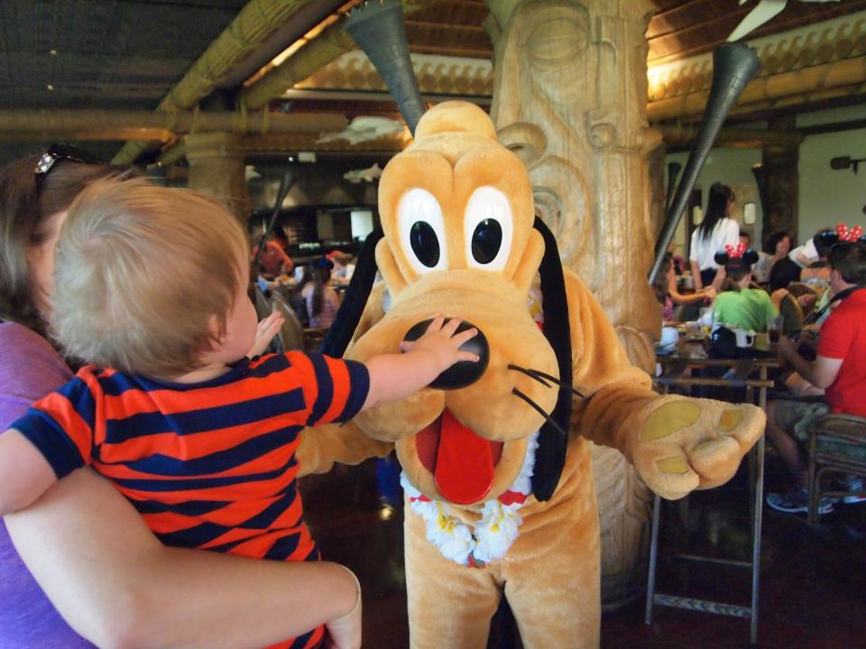 kari holding her son as he touches pluto&#39;s nose at disney world