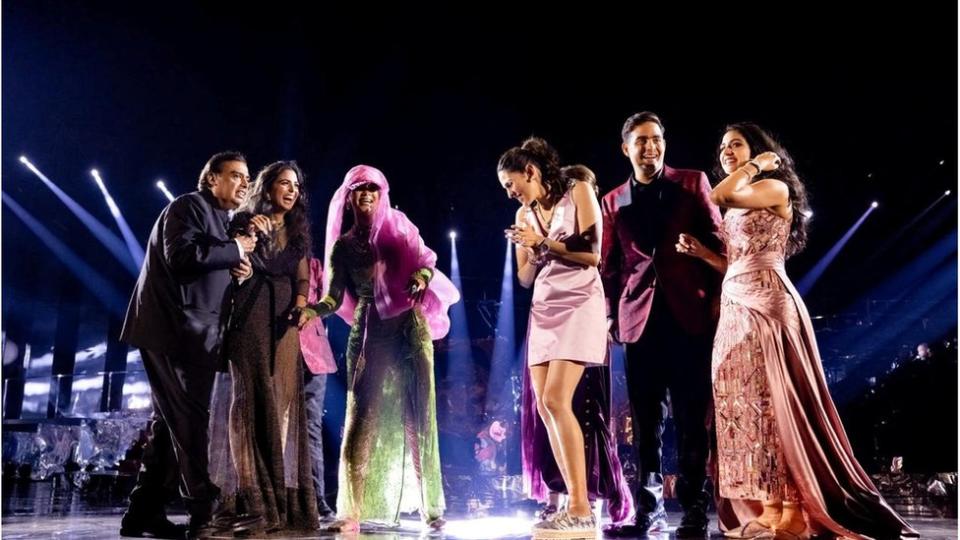 Mukesh Ambani, the Chairman of Reliance Industries, Isha Piramal, Rihanna, Shloka Mehta Ambani, Akash Ambani and Radhika Merchant react on the stage during pre-wedding celebrations of Anant and Radhika in Jamnagar, Gujarat, India, March 1, 2024.