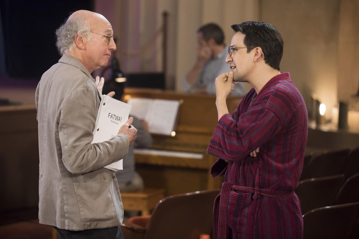 Larry David and Lin-Manuel Miranda on “Curb Your Enthusiasm.” (Photo: HBO)