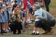 <p>William, Kate, Harry, and Meghan often have the <a href="https://www.goodhousekeeping.com/life/parenting/a39536/prince-william-parenting-trick/" rel="nofollow noopener" target="_blank" data-ylk="slk:cutest moments in public;elm:context_link;itc:0;sec:content-canvas" class="link ">cutest moments in public</a> when they're seen crouched down and interacting with children. They don't shy again from a big hug, either!</p>