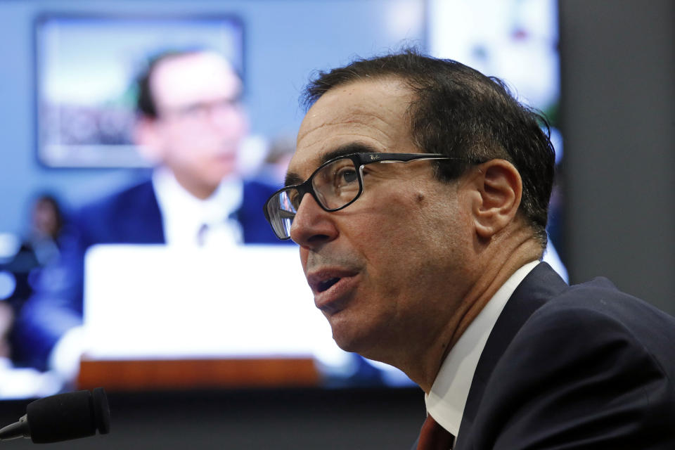 Treasury Secretary Steven Mnuchin testifies before a House Appropriations subcommittee during a hearing on President Trump's budget request for Fiscal Year 2020, Tuesday, April 9, 2019, on Capitol Hill in Washington. Mnuchin said Tuesday that his department intends to "follow the law" and is reviewing a request by a top House Democrat to provide Trump's tax returns to lawmakers. (AP Photo/Patrick Semansky)