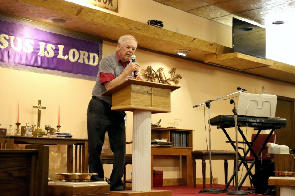 Harold Olesen, prayer coordinator with Miracle Covenant Church Healing Center, asks for interfaith church unity in Amarillo during the National Day of Prayer service the church hosted Thursday afternoon.