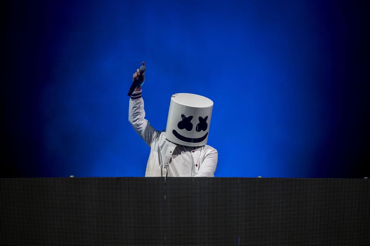 In this July 9, 2017 photo U.S. DJ Marshmello performs during his concert at Balaton Sound Festival in Zamardi, at Lake Balaton, 112 kms southwest of Budapest, Hungary. (Boglarka Bodnar/MTI via AP)