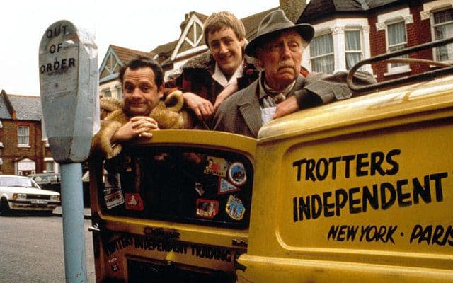 Lennard Pearce as Grandad (right) with his Only Fools and Horses co-stars David Jason as Del Boy and Nicholas Lyndhurst as Rodney - Credit: Moviestore collection Ltd / Alamy Stock Photo