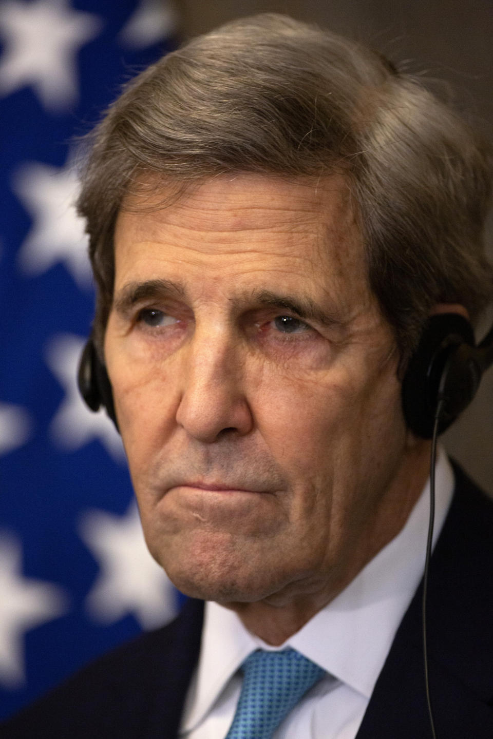 U.S. climate envoy John Kerry attends a press conference with Egyptian Foreign Minister Sameh Shoukry, at the foreign ministry headquarters in Cairo, Egypt, Monday, Feb. 21, 2022. (AP Photo/Amr Nabil)