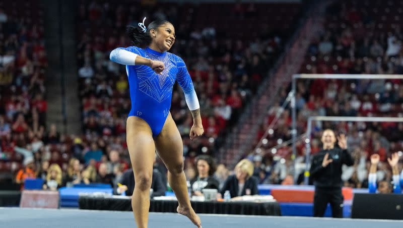 UCLA’s Jordan Chiles reacts during the Pac-12 Gymnastics Championships at the Maverik Center in West Valley City on March 18, 2023.