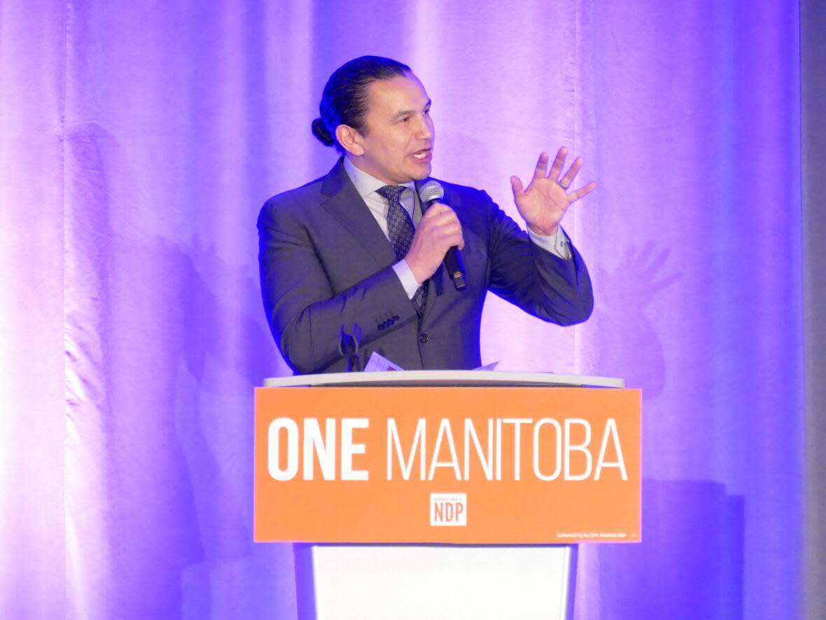 Manitoba Premier Wab Kinew announced during his speech at the NDP party convention gala dinner Saturday funds set to be injected into the province from a settlement with tobacco companies will be used to fight cancer.  (Jeff Stapleton/CBC - image credit)