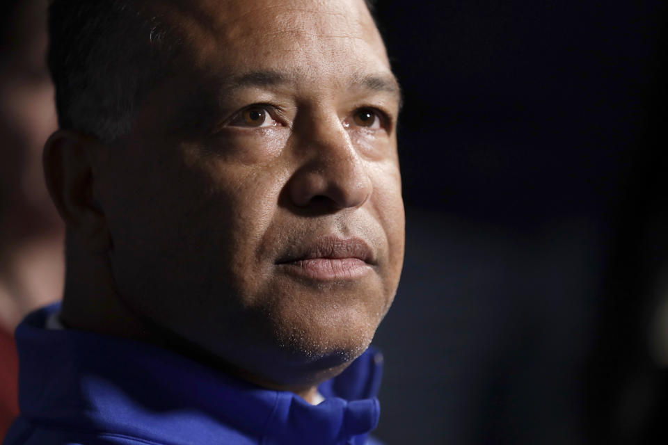 FILE - This Dec. 2019 file photo shows Los Angeles Dodgers manager Dave Roberts during Major League Baseball winter meetings in San Diego. In what's become a familiar refrain, the Dodgers arrive at camp still looking for their first World Series championship since 1988. After losing in two straight World Series, they were ousted by Washington in five games in the NL Division Series last fall. (AP Photo/Gregory Bull, File)