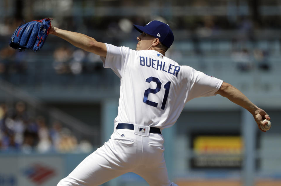 Los Angeles Dodgers starting pitcher Walker Buehler throws to the Arizona Diamondbacks during the second inning of a baseball game Sunday, Sept. 2, 2018, in Los Angeles. (AP Photo/Marcio Jose Sanchez)