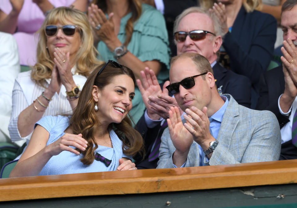 LONDON, ENGLAND - JULY 14: Catherine, Duchess of Cambridge and Prince William, Duke of Cambridge in the Royal Box on Centre court during Men's Finals Day of the Wimbledon Tennis Championships at All England Lawn Tennis and Croquet Club on July 14, 2019 in London, England. (Photo by Karwai Tang/Getty Images)