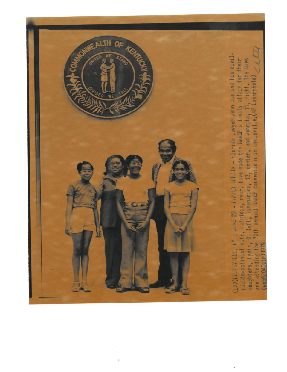 Lawyer John Due and Patricia Stephens, a Civil Rights activist, attend the 70th annual NAACP convention in Louisville with their daughters Lydia (left), 9, Tananarive (center), 13, and Johnita (right), 11, on June 29, 1979.