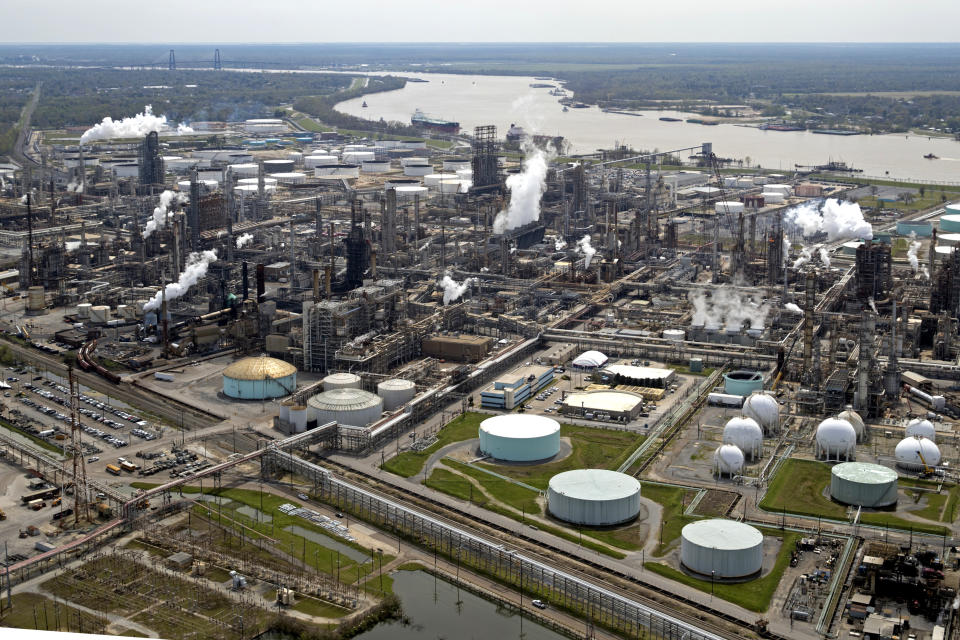 FILE - The Shell Norco refinery is seen along the Mississippi River in Norco, La., March 8, 2018. House Republicans are searching for solutions to climate change without restricting American-produced energy that comes from burning oil, coal and gas. (AP Photo/Gerald Herbert, File)