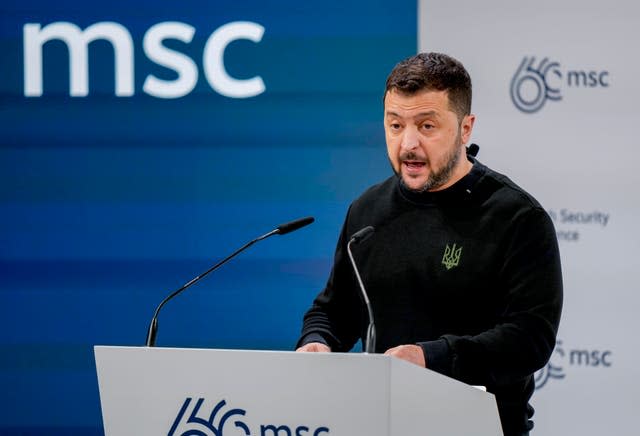 Ukrainian President Volodymyr Zelensky delivers a speech at the Munich Security Conference at the Bayerischer Hof Hotel in Munich, Germany