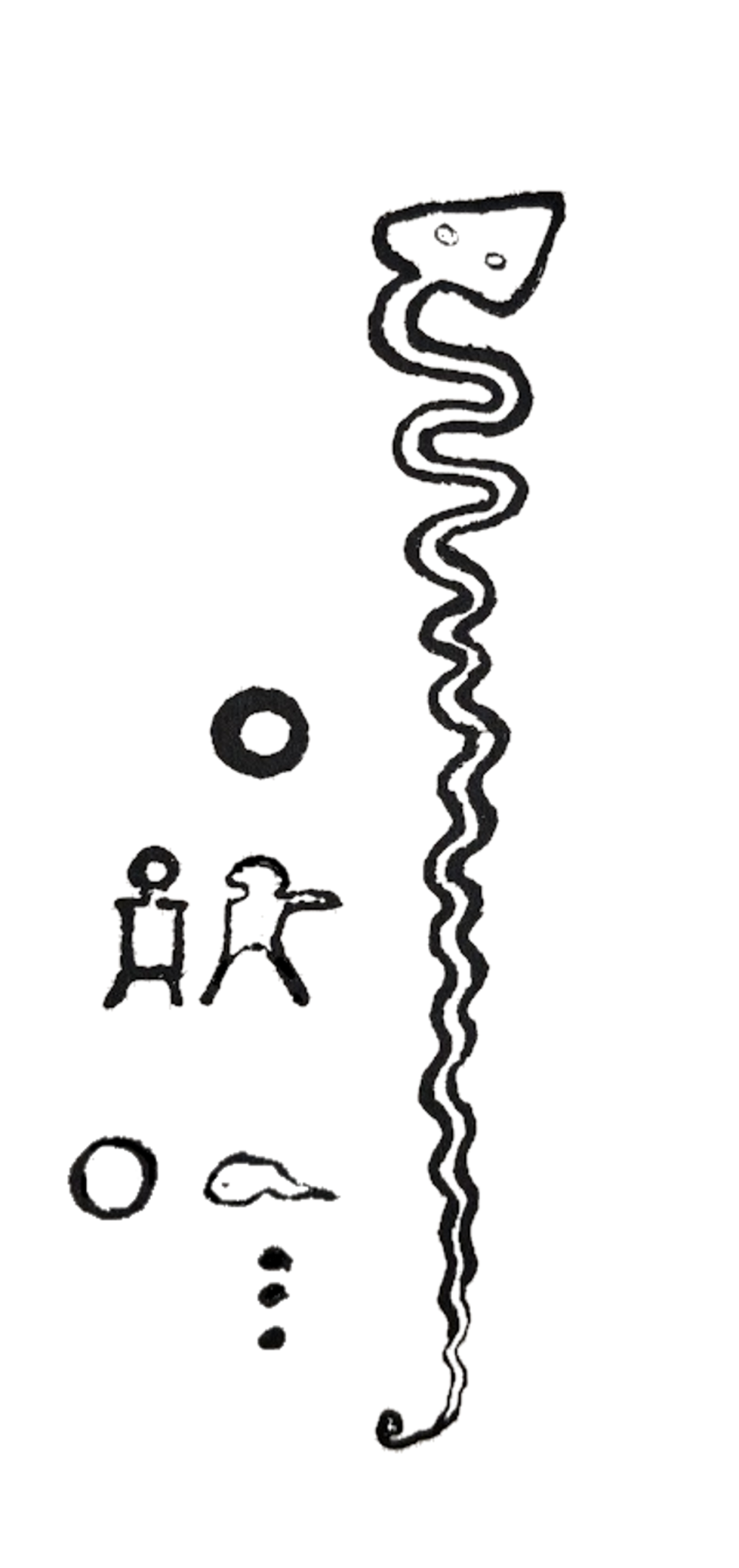 An archaeologist’s drawing of another giant snake engraving. Carved into a rockface in the Orinoco valley over a thousand years ago, the engraving – of an erect serpent – was accompanied by other motifs including two (comparatively) tiny humans (Philip Riris)