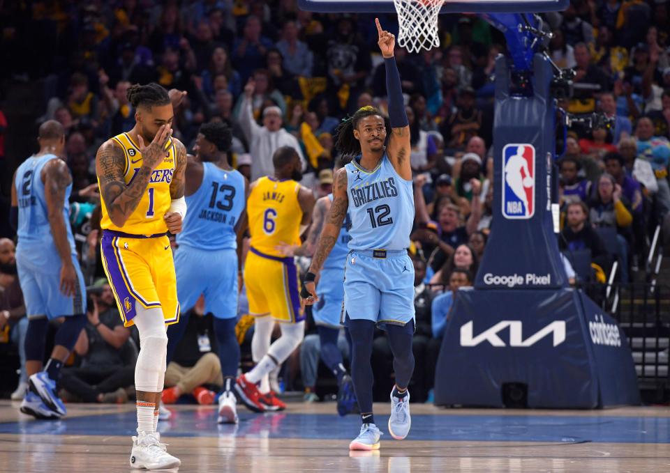 Memphis Grizzlies guard Ja Morant reacts during the first half of Game 5.