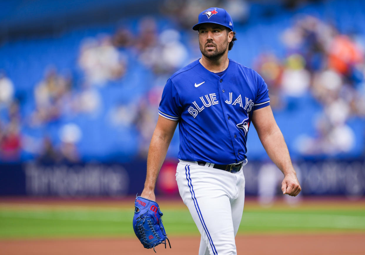 TORONTO, ONTARIO - SEPTEMBER 15: Robbie Ray #38 of the Toronto Blue Jays walks off the mound against the Tampa Bay Rays in their MLB game at the Rogers Centre on September 15, 2021 in Toronto, Ontario, Canada. (Photo by Mark Blinch/Getty Images)