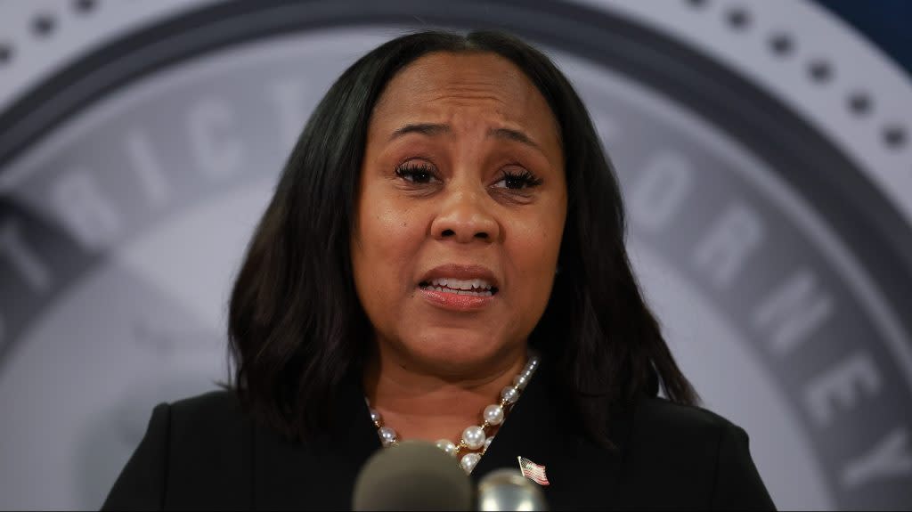 Fulton County District Attorney Fani Willis speaks during a news conference at the Fulton County Government building on August 14, 2023 in Atlanta, Georgia. (Photo by Joe Raedle/Getty Images)