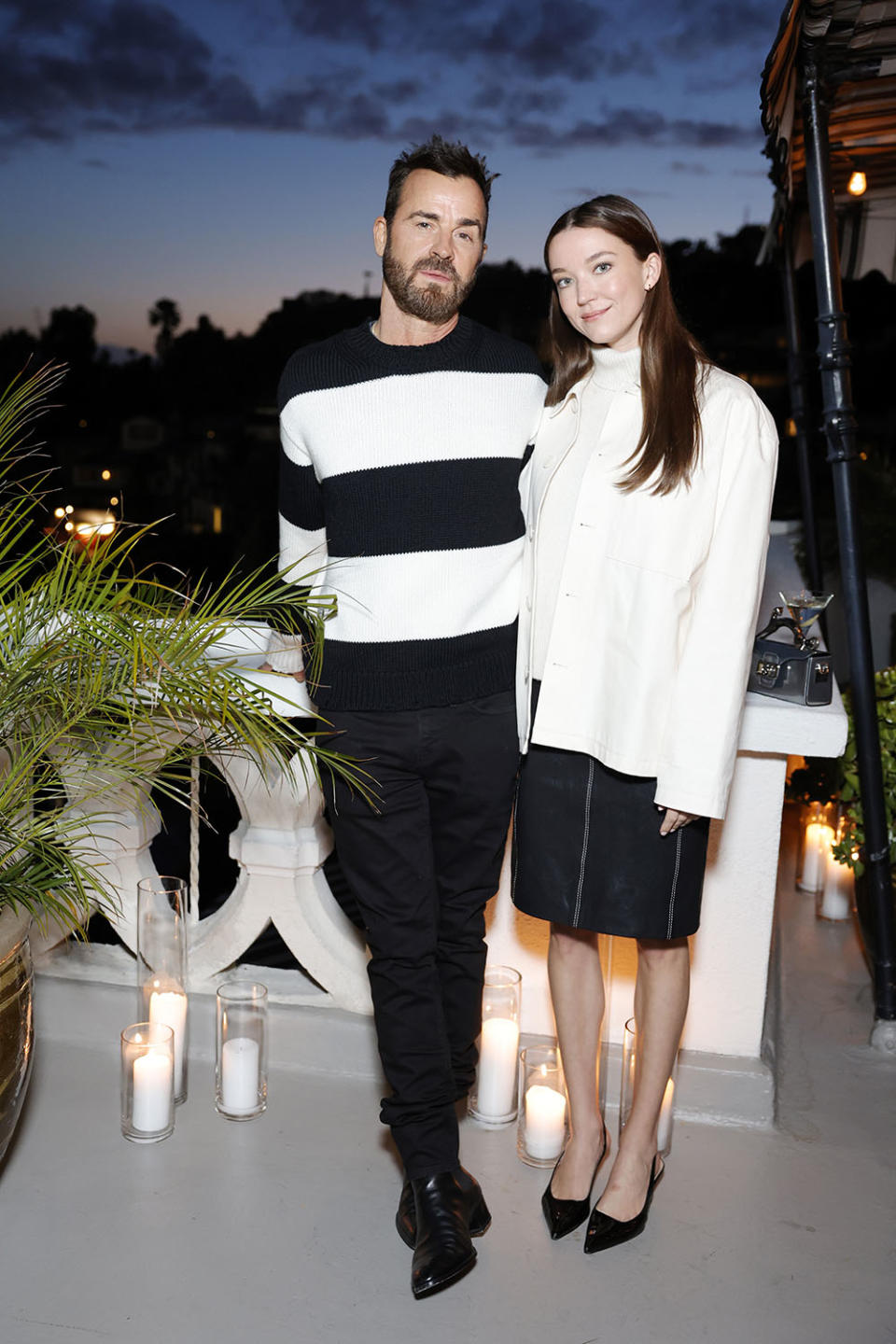 (L-R) Justin Theroux and Nicole Brydon Bloom attend the FRAME & Amelia Gray dinner at the Chateau Marmont at Chateau Marmont on April 04, 2024 in Los Angeles, California