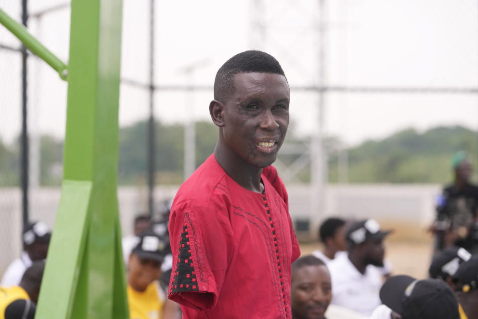 Lance Corporal, Dean Onuwchekwa, an Explosive Ordnance Disposal (EOD) specialist whose upper half body was damaged in 2021 by an improvised explosive device he was trying to disarm in Borno state's attends an exhibition sitting volleyball match in Abuja Nigeria, Saturday, May 11, 2024. (AP Photo/Sunday Alamba)