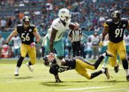 <p>Miami Dolphins wide receiver DeVante Parker (11) is tripped up by Pittsburgh Steelers cornerback Ross Cockrell (31) during the first half at Hard Rock Stadium. Mandatory Credit: Steve Mitchell-USA TODAY Sports </p>
