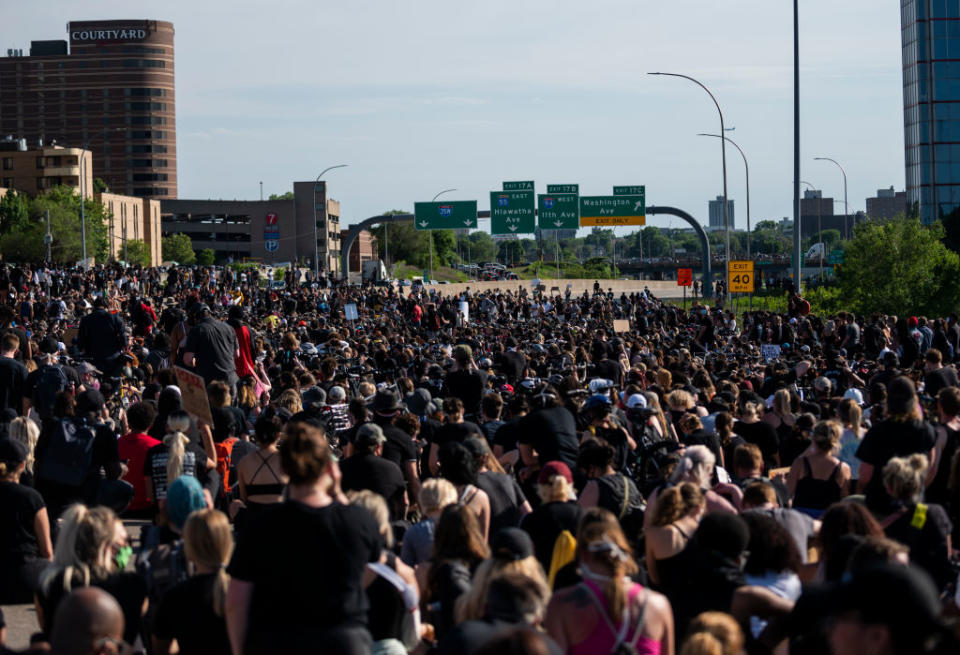 A large crowd of protesters on the I-35W bridge in Minneapolis. Source: Getty Images