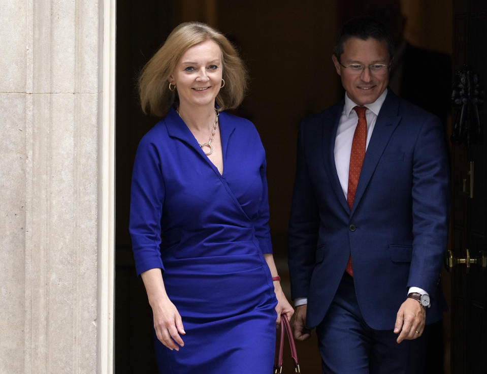 Britain's new Foreign Secretary Liz Truss leaves 10 Downing Street, in London, Wednesday, Sept. 15, 2021. Liz Truss replaced Dominic Raab as foreign secretary in a cabinet reshuffle by British Prime Minister Boris Johnson on Wednesday. (AP Photo/Alberto Pezzali)