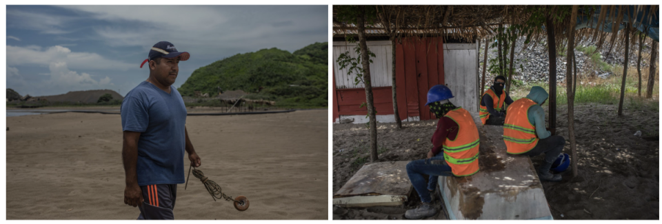 El pescador Félix Marcial camina por la playa después de ir a vigilar su lancha, mientras los obreros descansan bajo una palapa durante su hora de comida, en Balzapote, Veracruz. FOTO: Félix Márquez