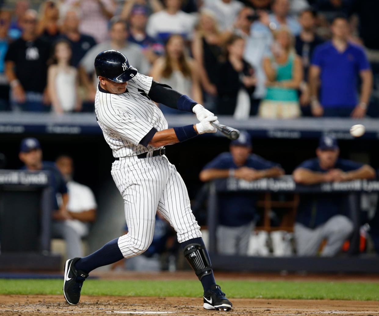 New York Yankees' Alex Rodriguez against the Tampa Bay Rays on Friday, Aug. 12, 2016. (AP Photo/Kathy Willens)
