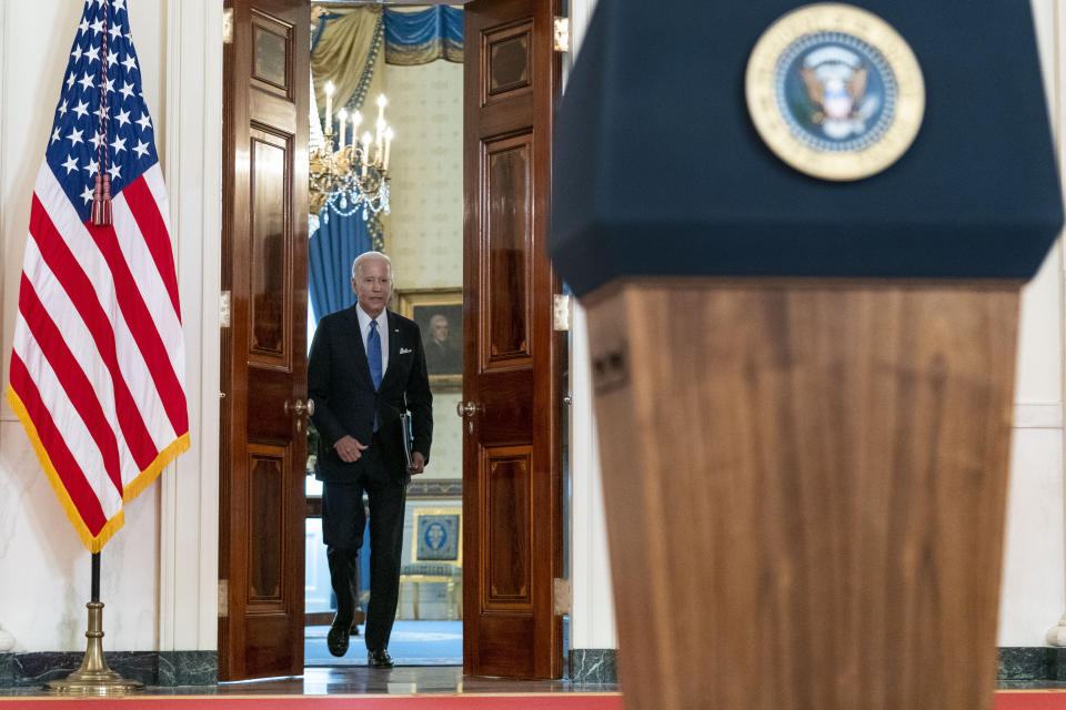 President Joe Biden arrives to speak at the White House in Washington, Friday, June 24, 2022, after the Supreme Court overturned Roe v. Wade. (AP Photo/Andrew Harnik)