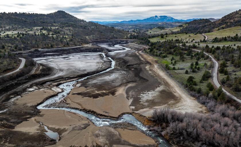 Hornbrook, CA - February 27: Clear water flows out of Jenny Creek into a muddy Klamath River. River restoration work is underway with crews planting millions of native seeds to help restore vegetation along the reemerging riverbanks on Tuesday, Feb. 27, 2024 in Hornbrook, CA. (Brian van der Brug / Los Angeles Times)