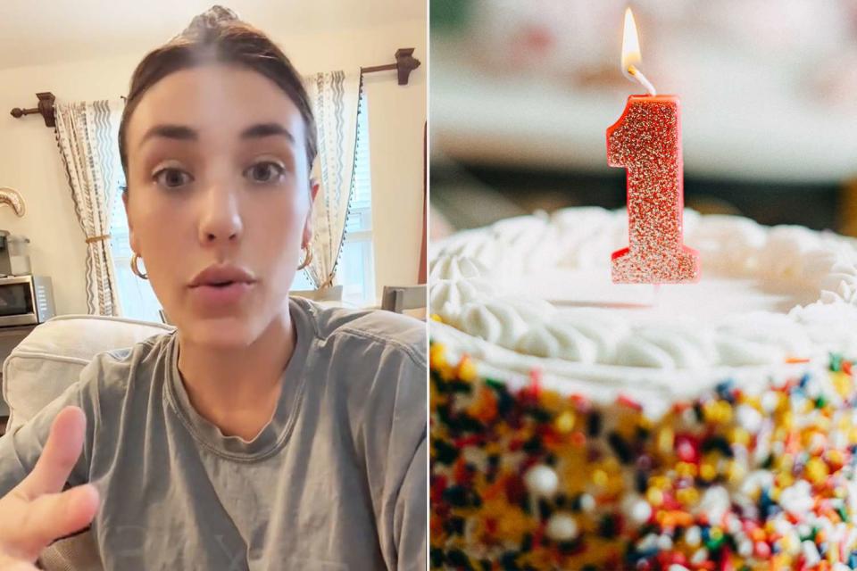 <p>Rachel Gibbs/TikTok; Stefania Pelfini/La Waziya Photography/Getty</p> Rachel Gibbs (left), stock image of a first birthday cake