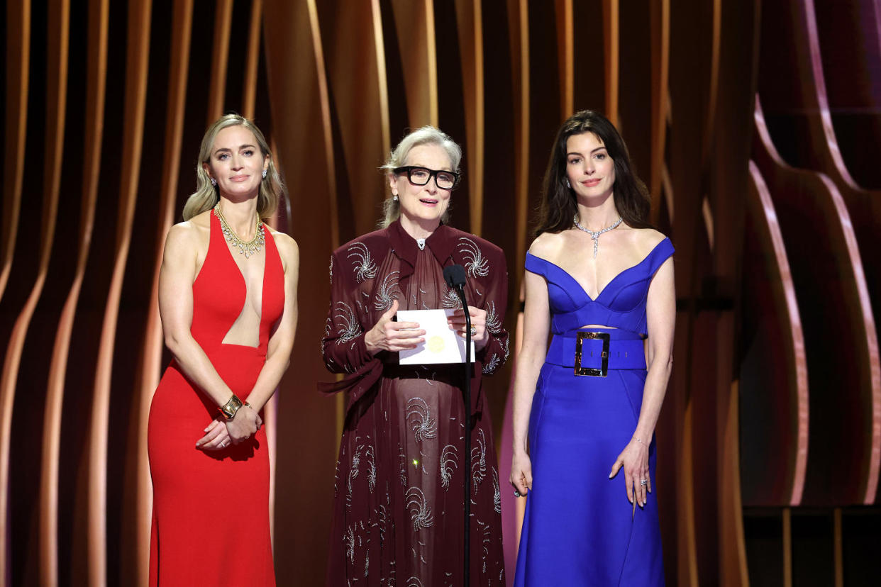 Emily Blunt, Meryl Streep, and Anne Hathaway onstage during the SAG Awards. (Matt Winkelmeyer / Getty Images)